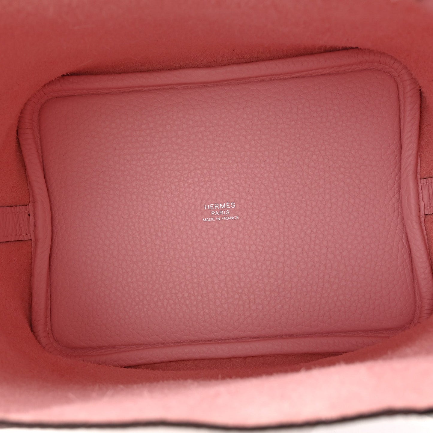 Mauve textured leather Picotin-style handbag with interior label and rounded top edge