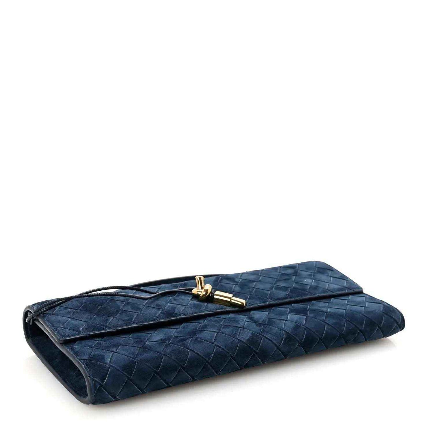 Blue suede intrecciato clutch with gold clasp closure