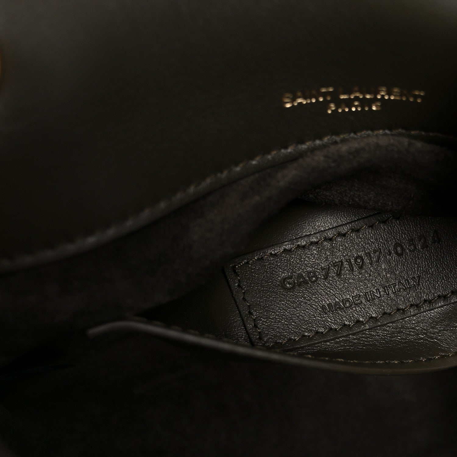 Leather interior stamp text on dark lining