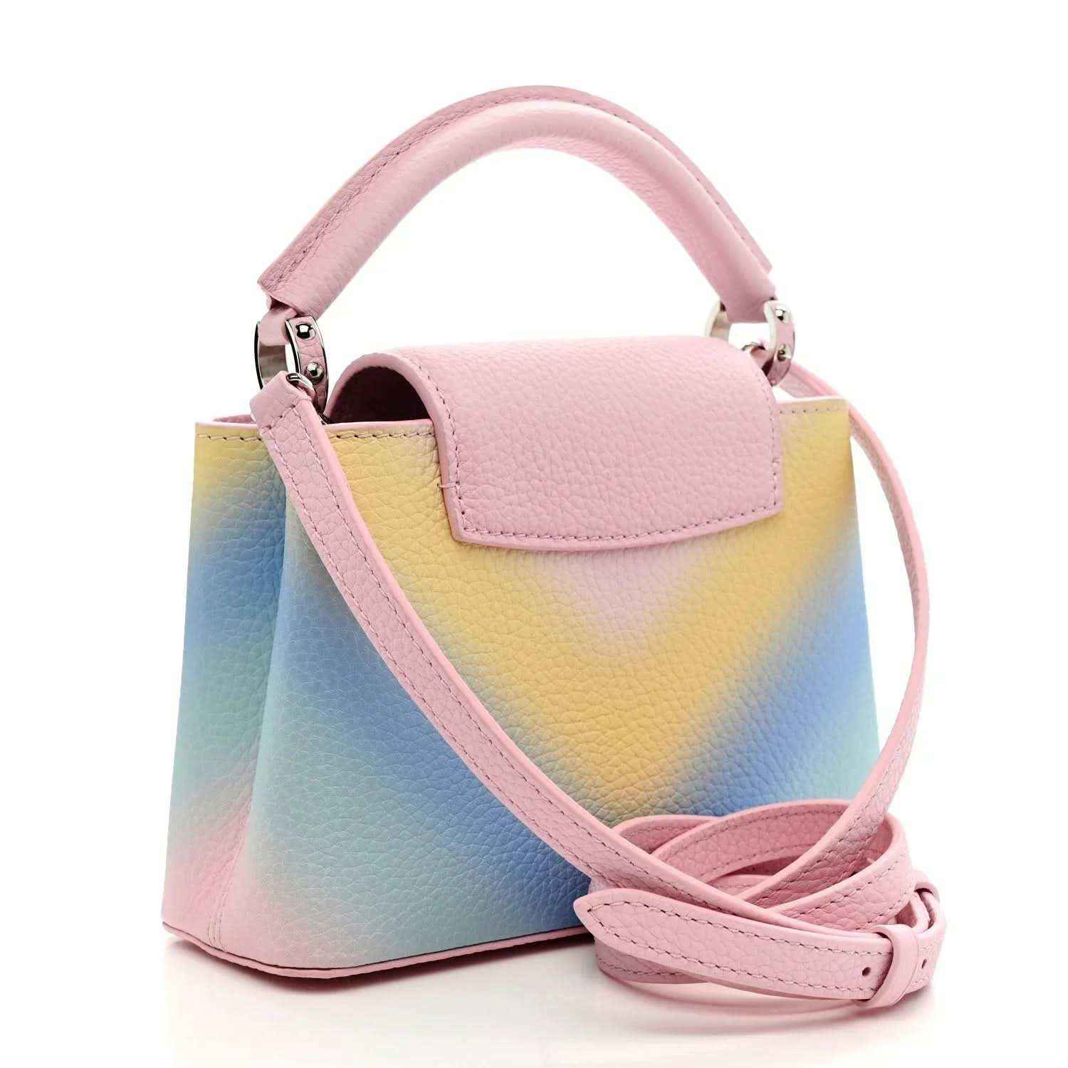 Mini Capucines bag with flap closure, rainbow gradient leather and pink adjustable strap