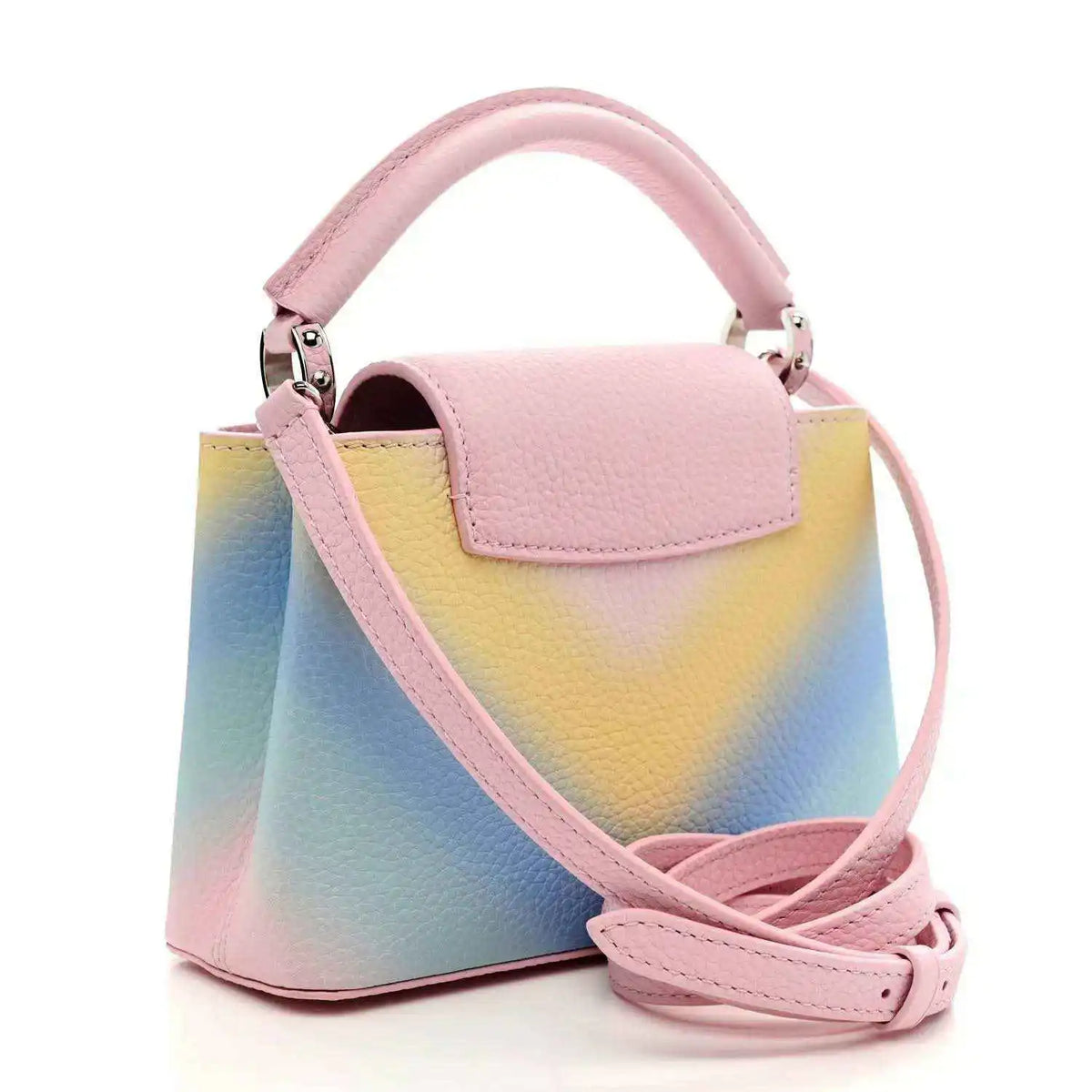 Mini Capucines bag with flap closure, rainbow gradient leather and pink adjustable strap