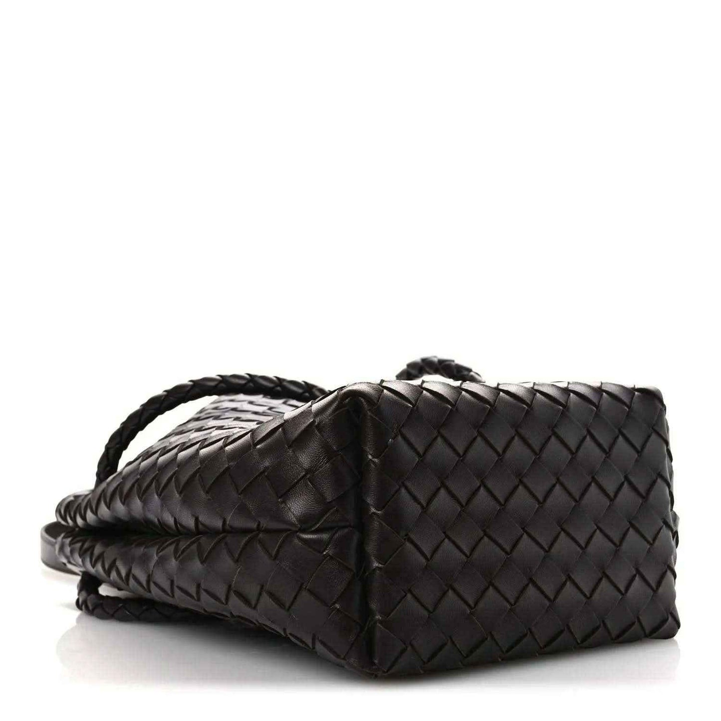 Small intrecciato nappa leather bucket bag, dark color, woven pattern, braided handles