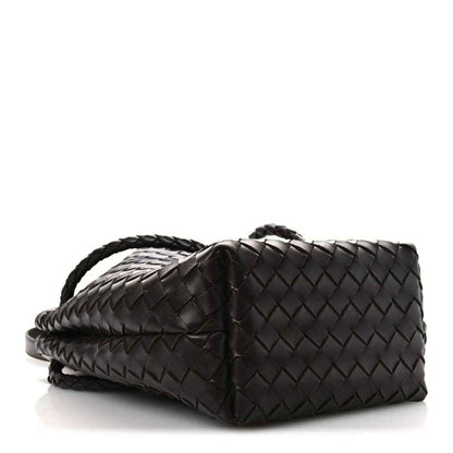 Small intrecciato nappa leather bucket bag, dark color, woven pattern, braided handles