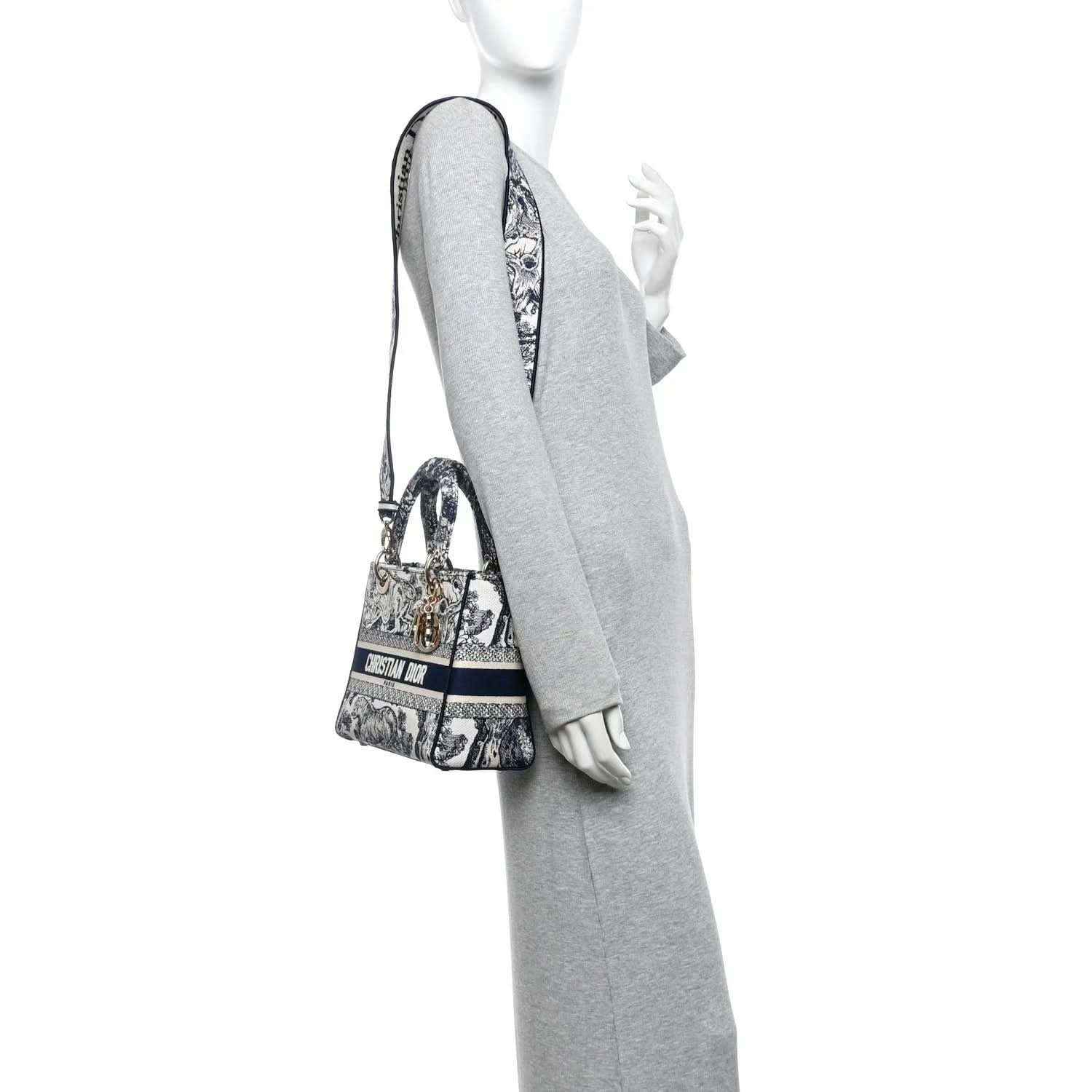 Blue toile de Jouy handbag worn over the shoulder, with gold chain and handles.