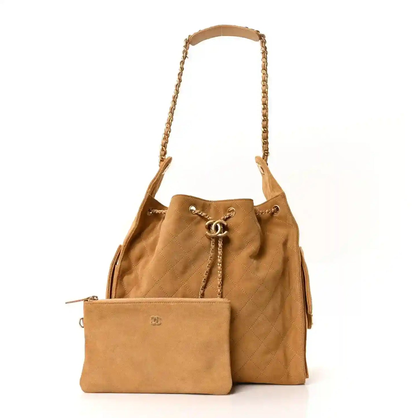 Chanel suede quilted medium handbag with chain strap, classic beige, and front zip pocket