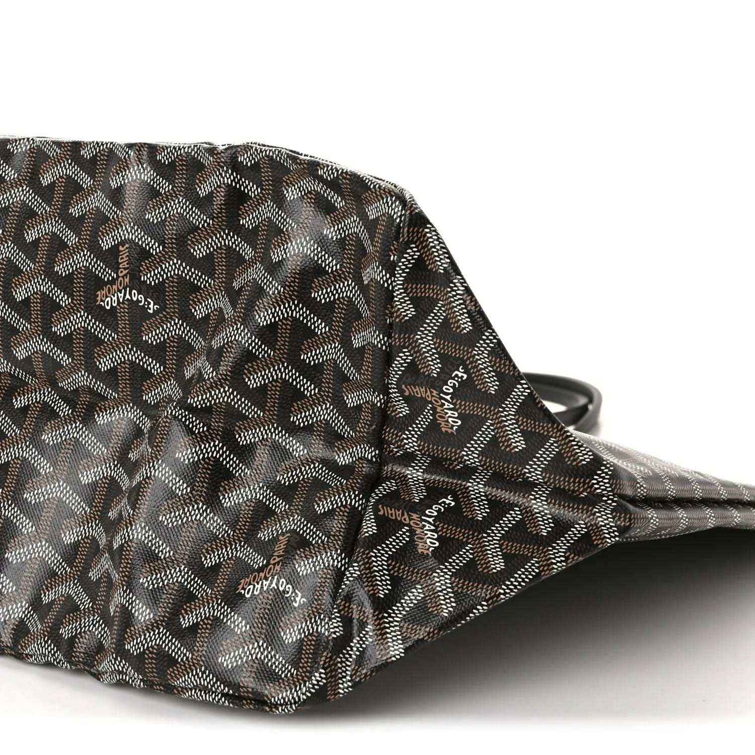 Goyardine tote bag corner with monogram pattern and black trim handle