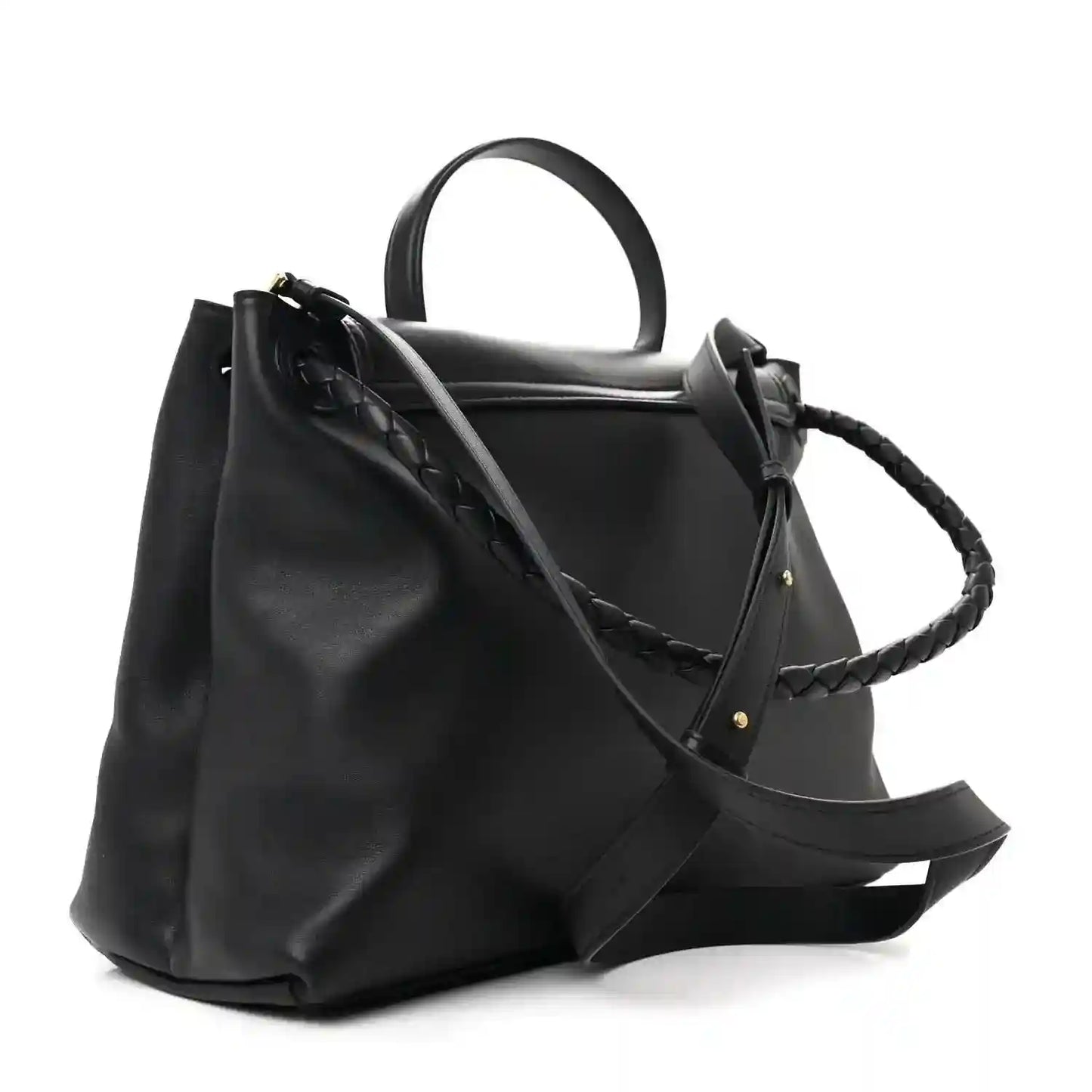 Black leather shoulder bag with braided strap, flap front, and gold hardware studs.