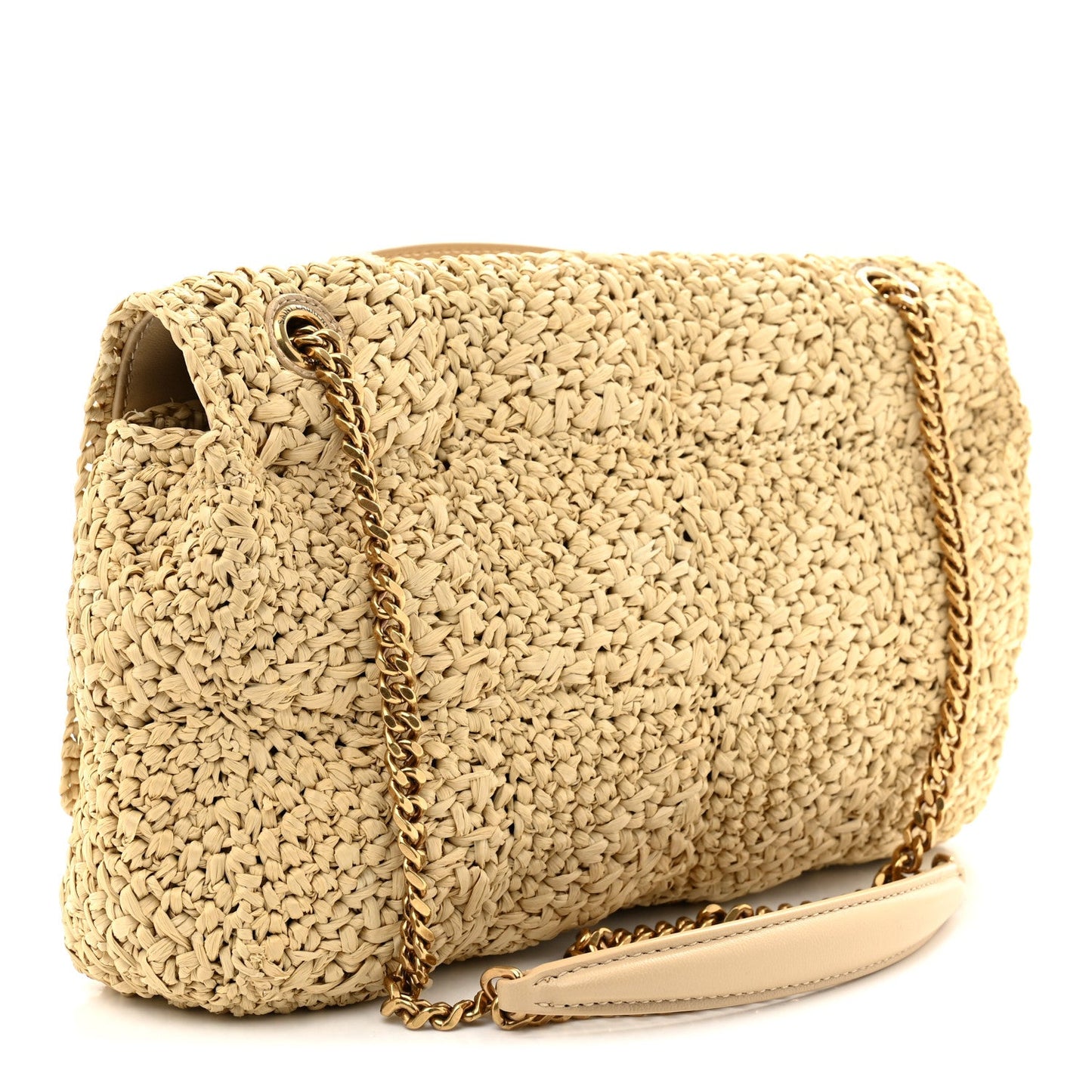 Natural raffia medium shoulder bag with flap, gold chain strap, and beige leather trim