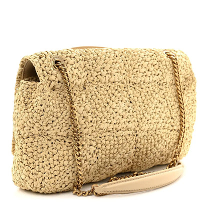 Natural raffia medium shoulder bag with flap, gold chain strap, and beige leather trim