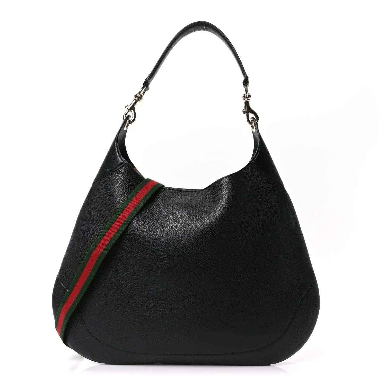 Black soft grained calfskin maxi hobo bag with green red web strap and chain handles