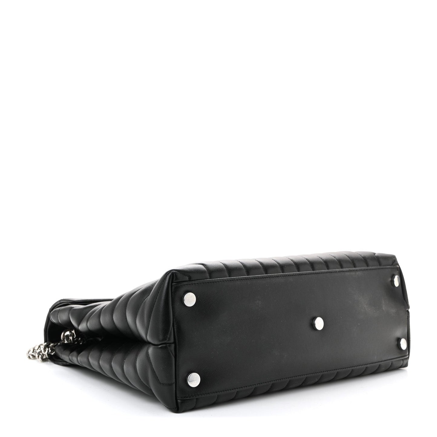 Black quilted leather satchel with silver chain and two front snaps