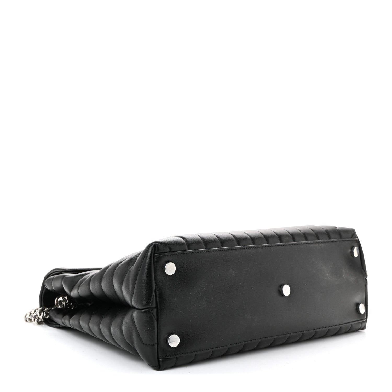Black quilted leather satchel with silver chain and two front snaps