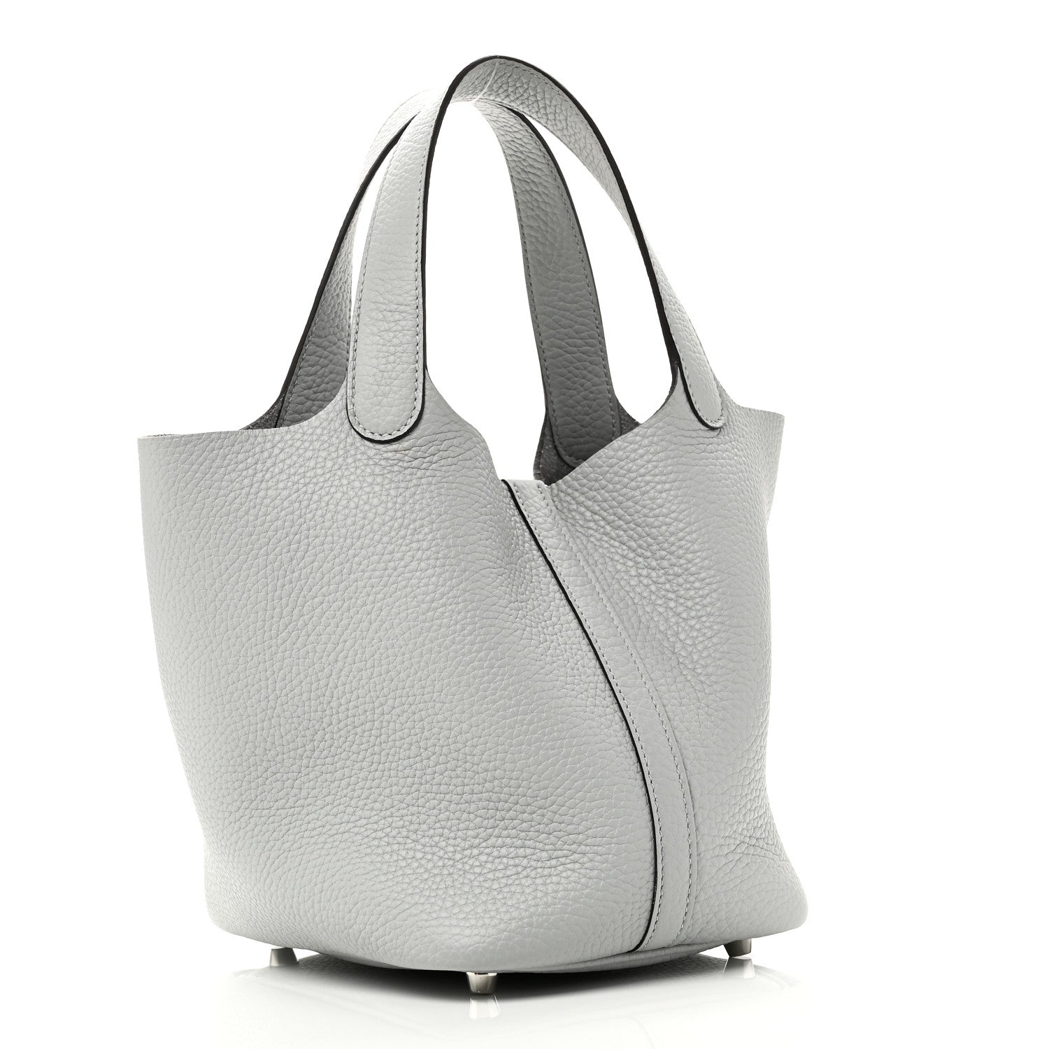 Light blue pebbled leather tote bag with curved side panel and top handles