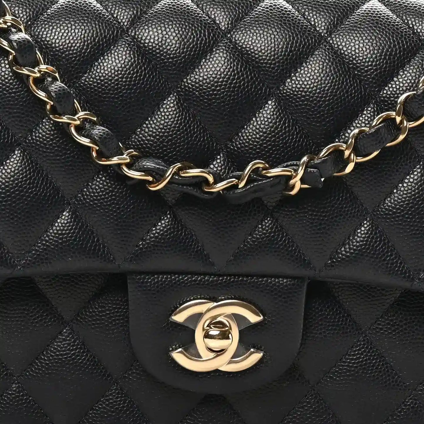 Quilted caviar leather medium double-flap bag with gold chain and CC emblem