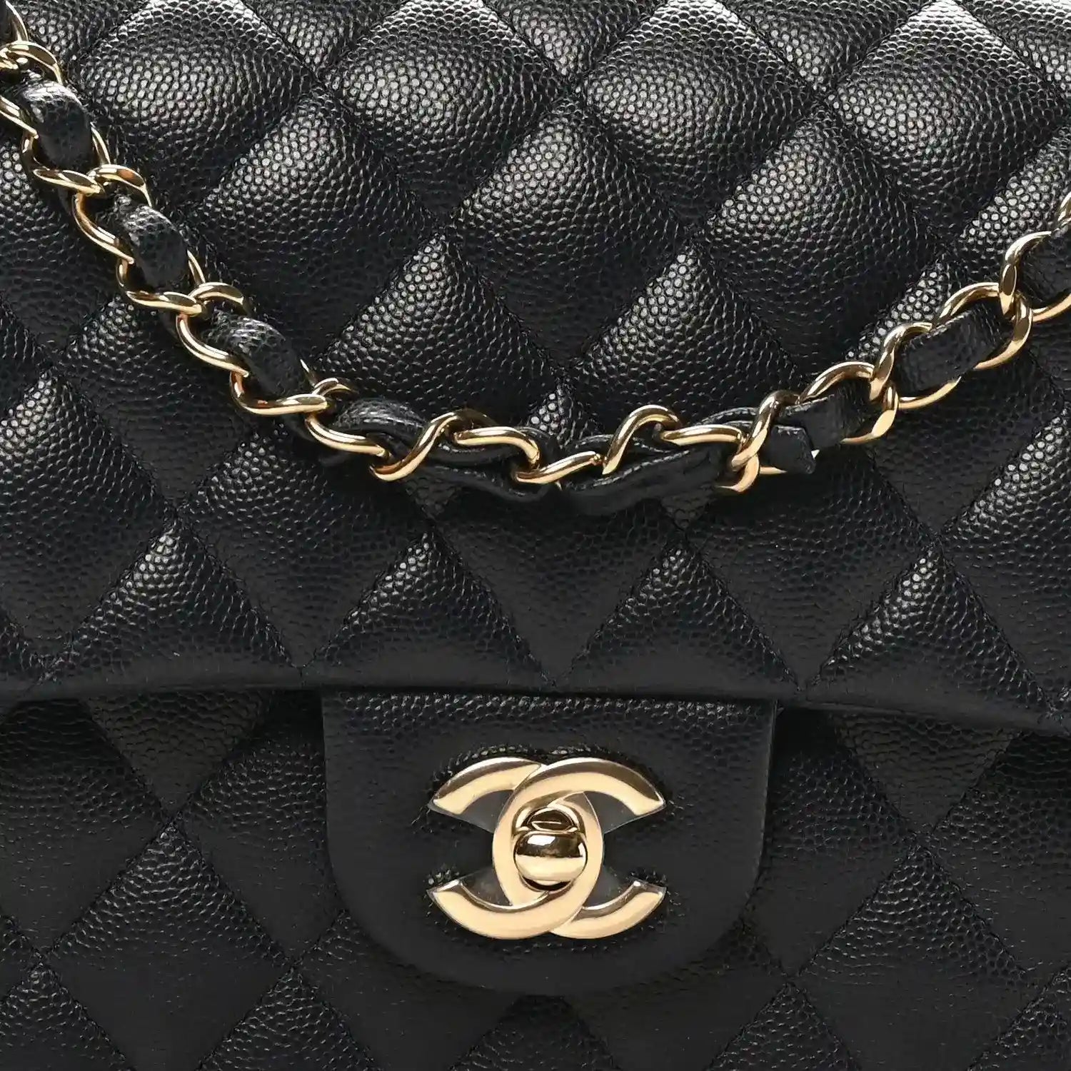 Quilted caviar leather medium double-flap bag with gold chain and CC emblem