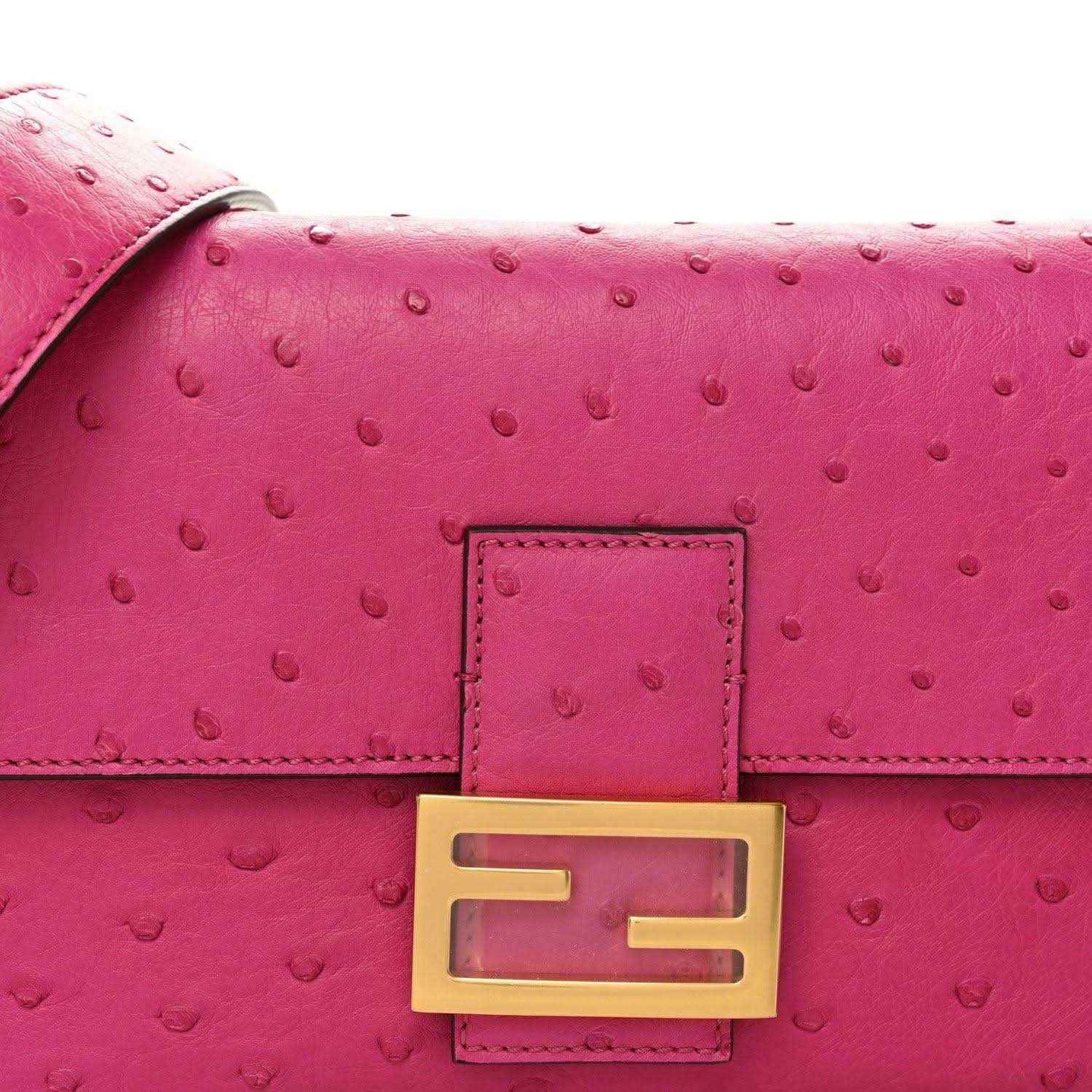 Pink ostrich leather flap with gold-tone F clasp and stitched trim