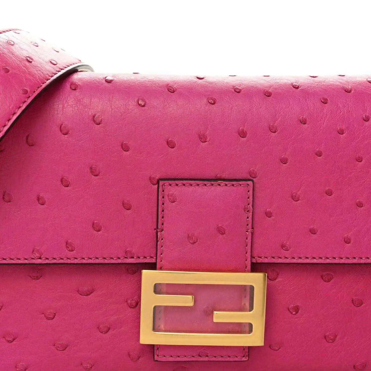Pink ostrich leather flap with gold-tone F clasp and stitched trim