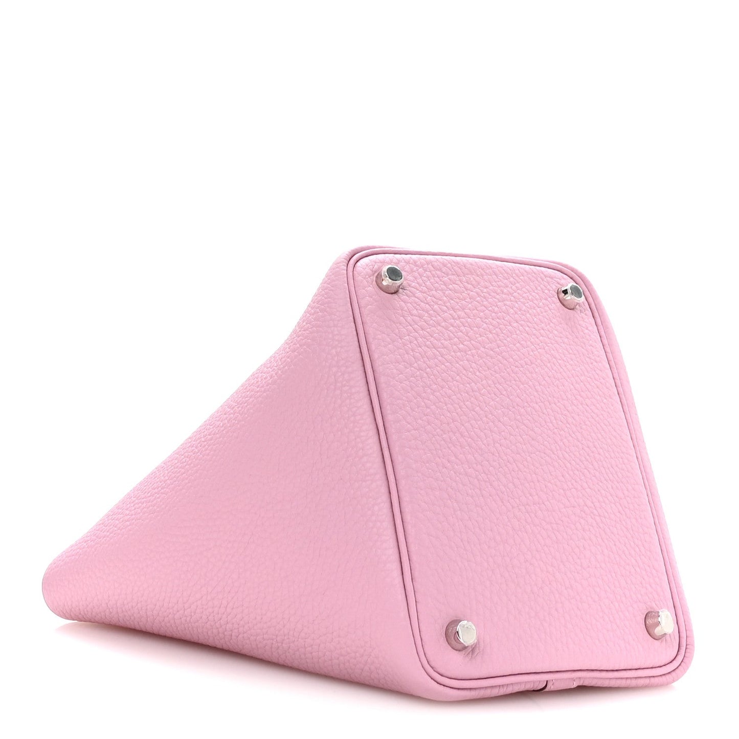 Rose pink leather handbag front corner with metal studs and triangular fold