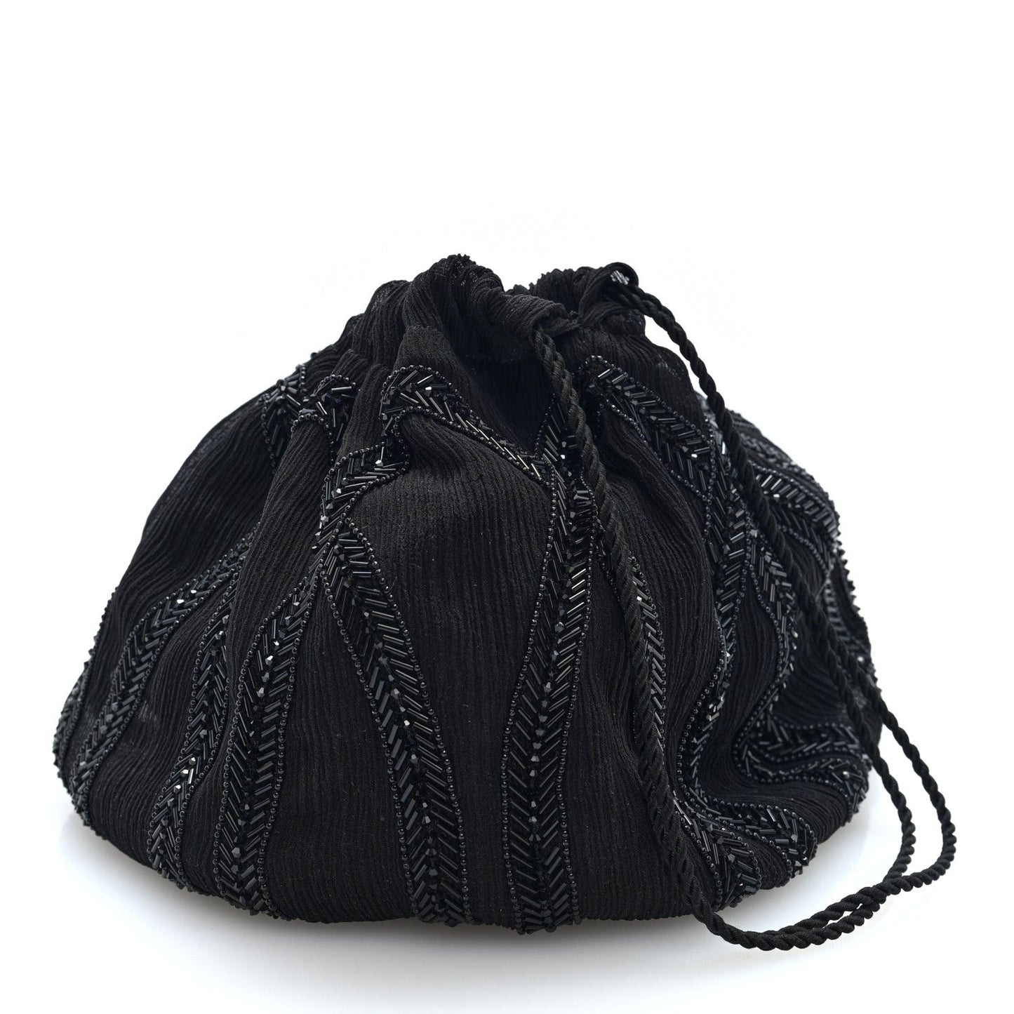 Black beaded drawstring pochon bag with pleated crepe fabric and textured embroidery