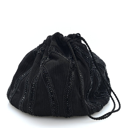 Black beaded drawstring pochon bag with pleated crepe fabric and textured embroidery