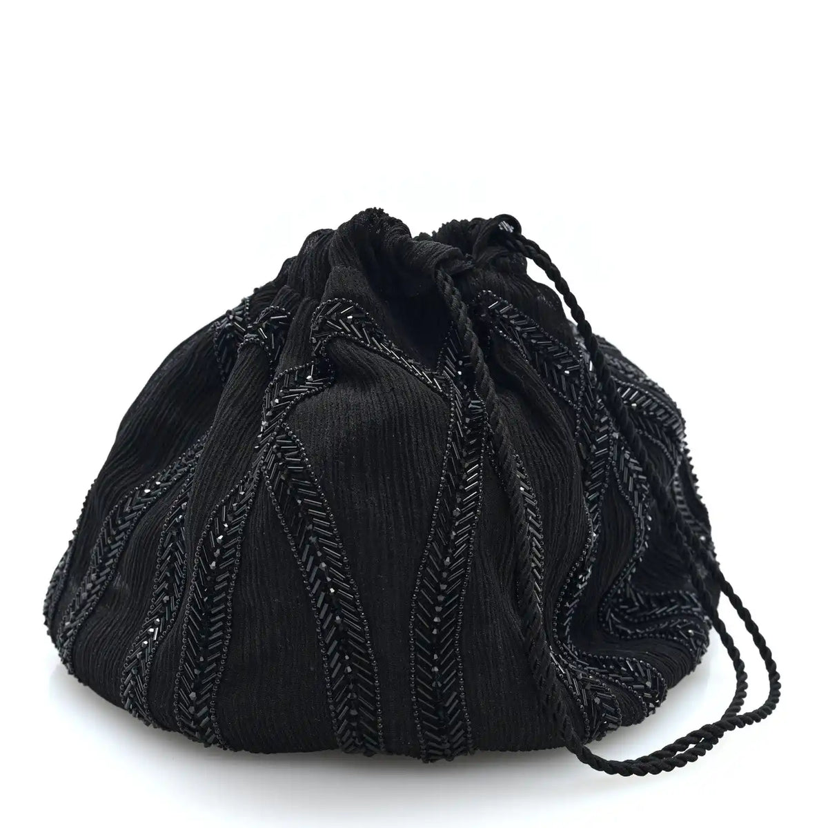Black beaded drawstring pochon bag with pleated crepe fabric and textured embroidery
