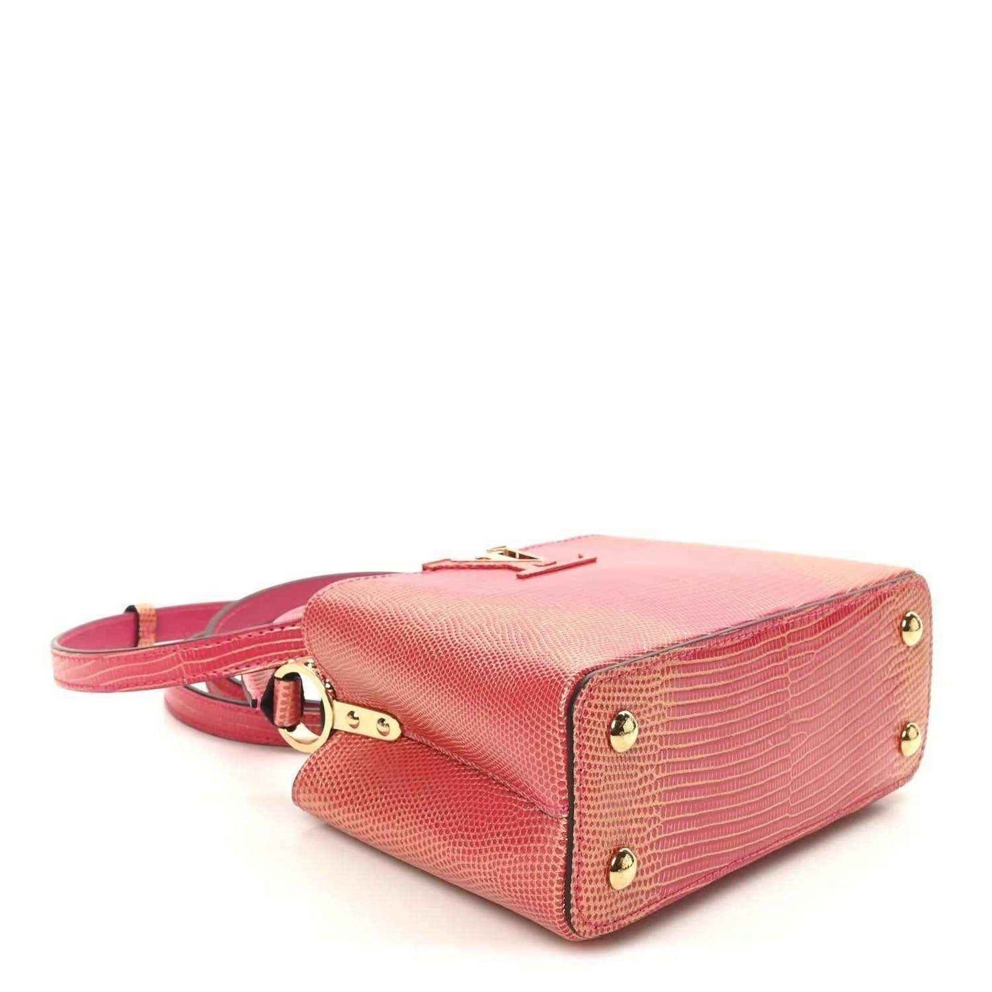 Louis Vuitton mini handbag, fuchsia textured lizard, top flap with gold turn-lock.