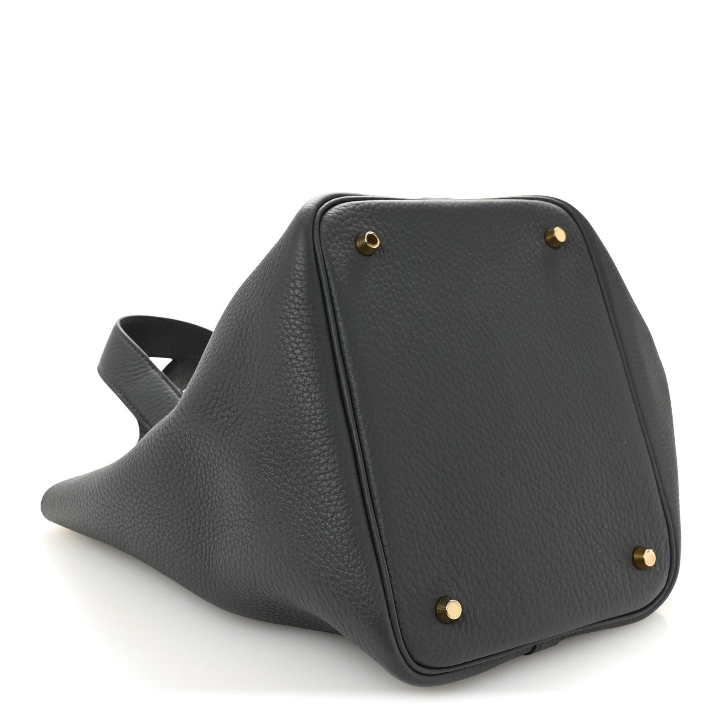 Structured leather handbag in dark gray with gold-toned studs on base corners