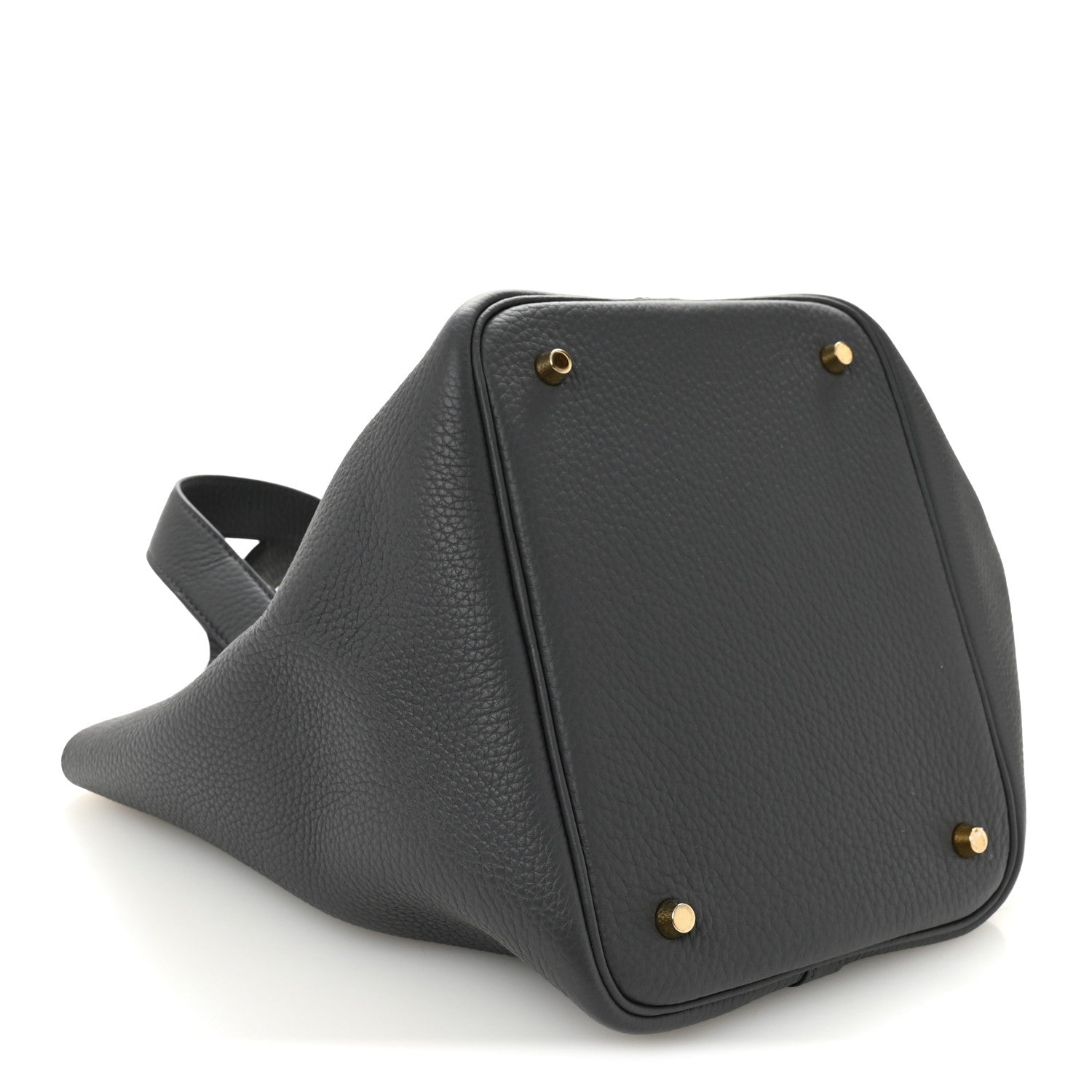 Structured leather handbag in dark gray with gold-toned studs on base corners