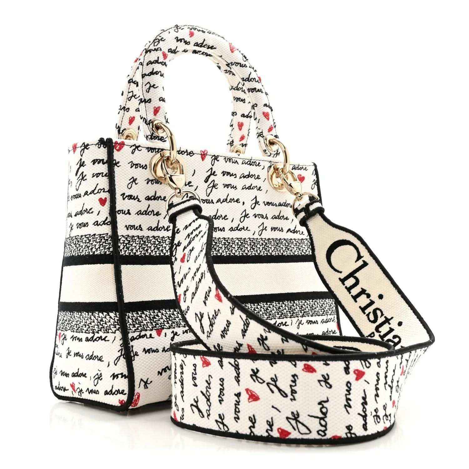 Christian Dior canvas handbag with black trim, “Je vous adore” print, red hearts