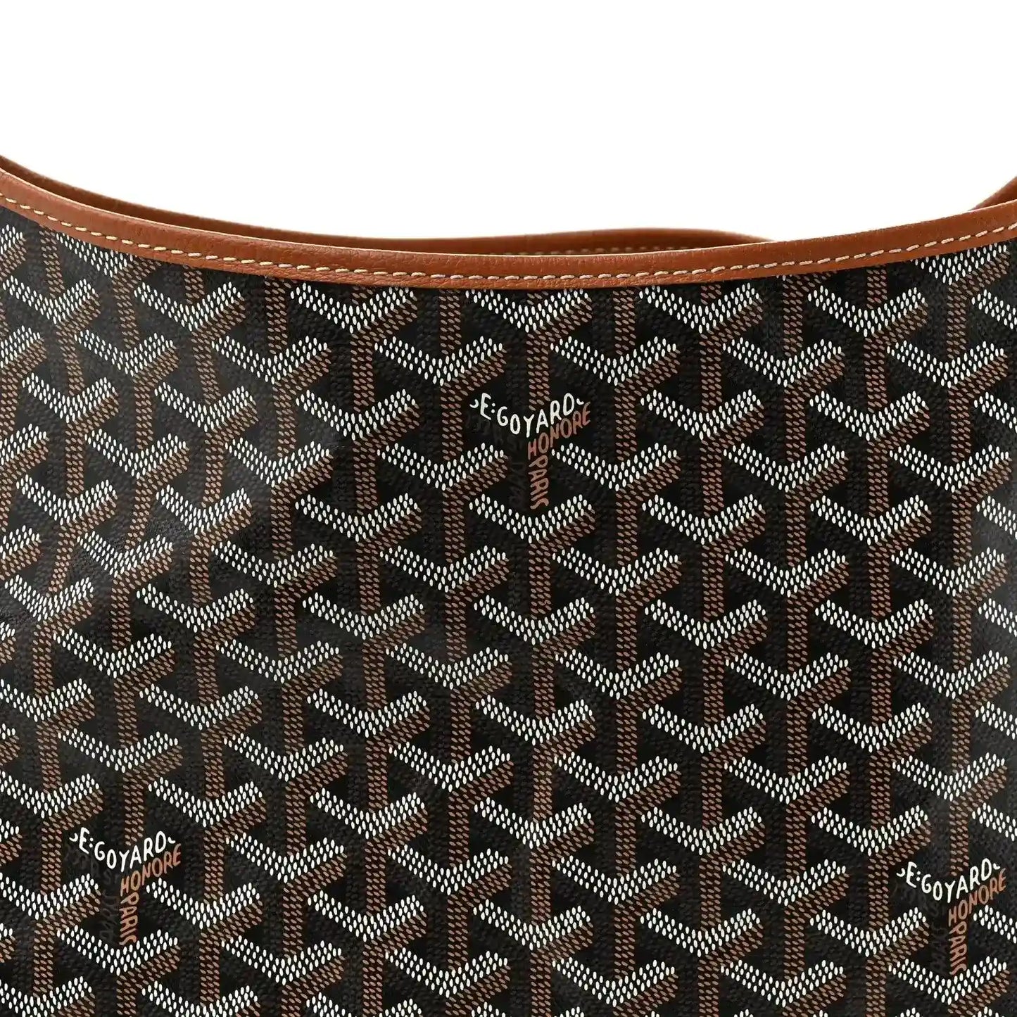 Goyard hobo bag interior lining with repeating monogram pattern and brown trim