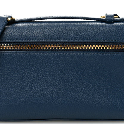 Navy grained calfskin pouch top with gold zipper and metal clasps