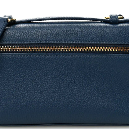 Navy grained calfskin pouch top with gold zipper and metal clasps