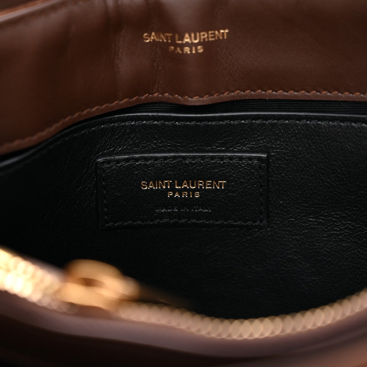 Suede and leather satchel interior logo patch with zipper opening, dark brown
