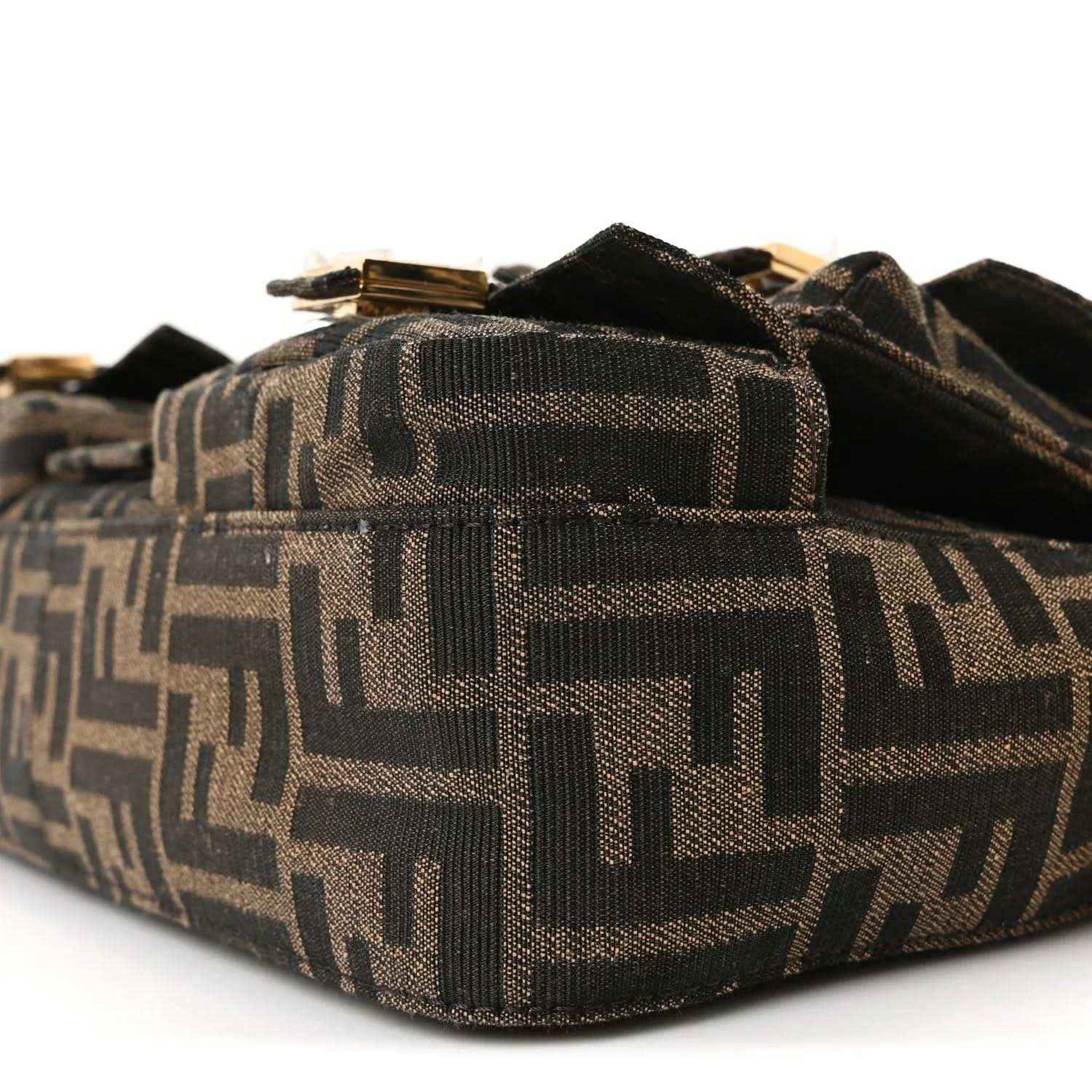 Jacquard baguette bag side profile with FF motif and structured base
