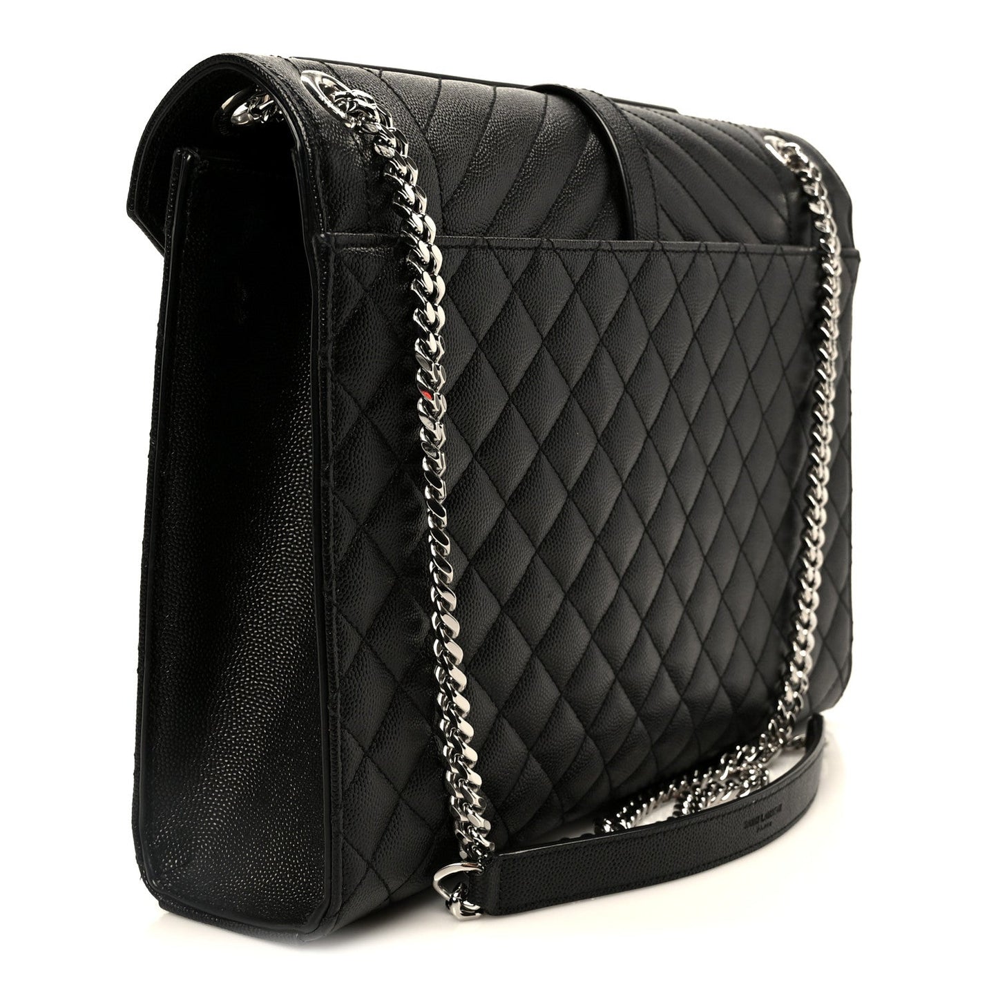 Black quilted shoulder satchel with chain strap and YSL-style monogram logo front
