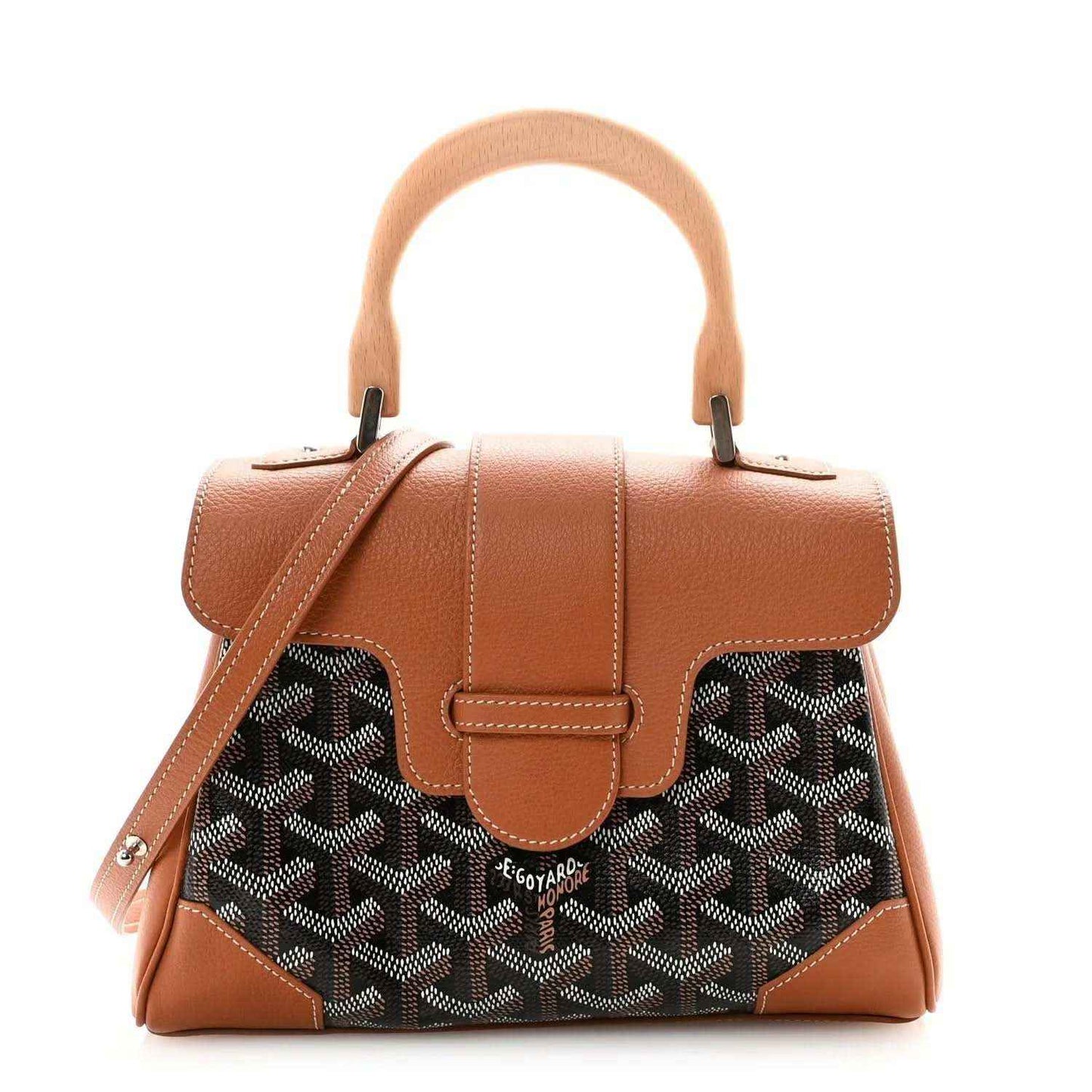 Mini Saigon shoulder bag with top handles, tan leather trim and dark patterned canvas