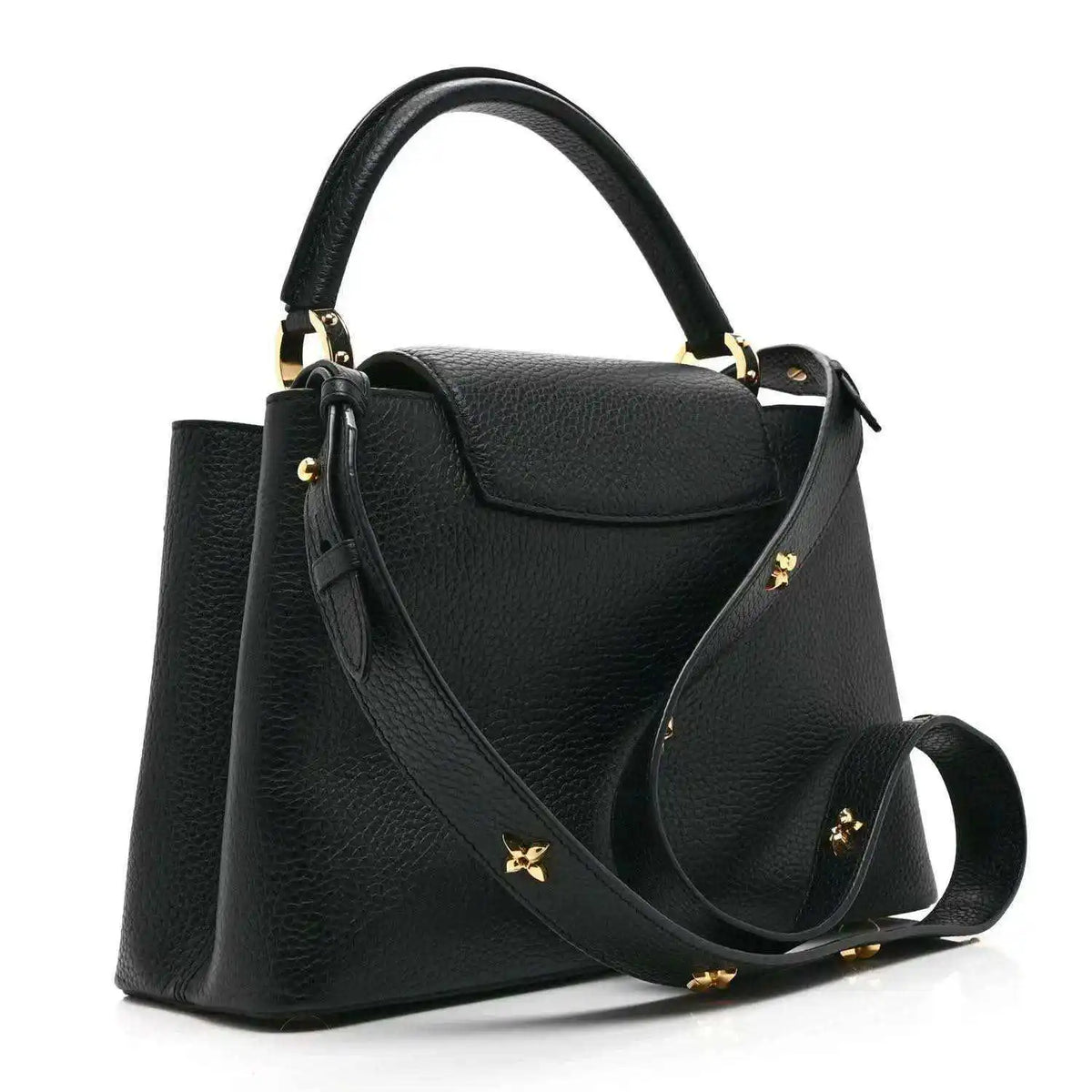 Black Louis Vuitton handbag with long shoulder strap and gold floral logo accents