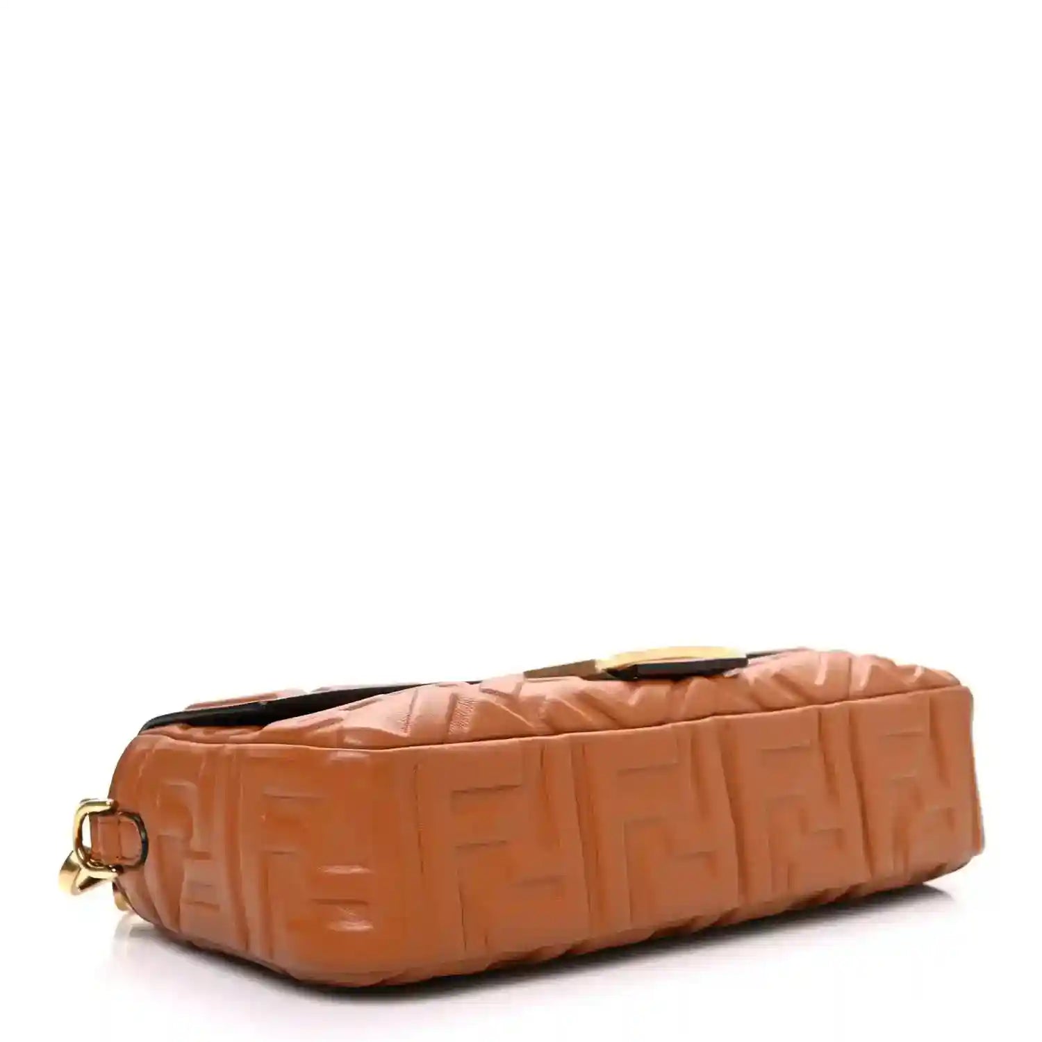 Fendi baguette bag in tan embossed leather, side view with gold hardware