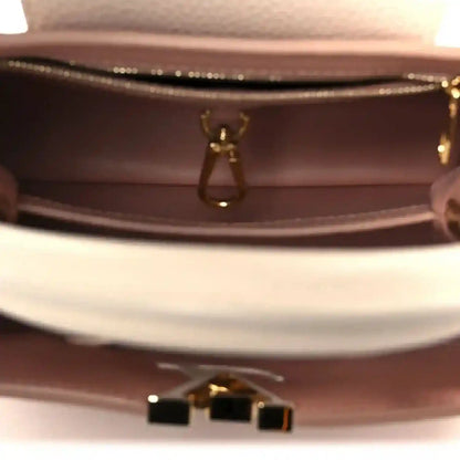 Handbag interior with brown lining and gold zipper pull detail