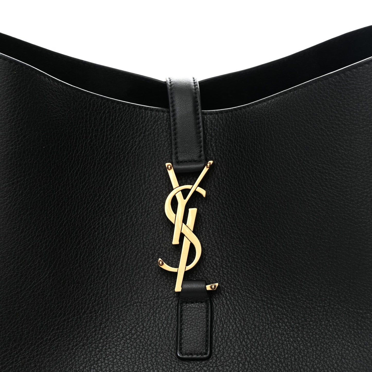 Black leather hobo bag front pocket with gold YSL logo on small leather tab