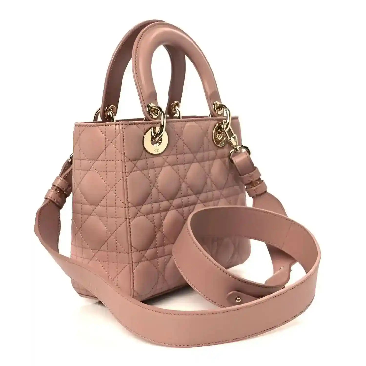 Small Lady Dior handbag in blush pink quilted cannage with shoulder strap
