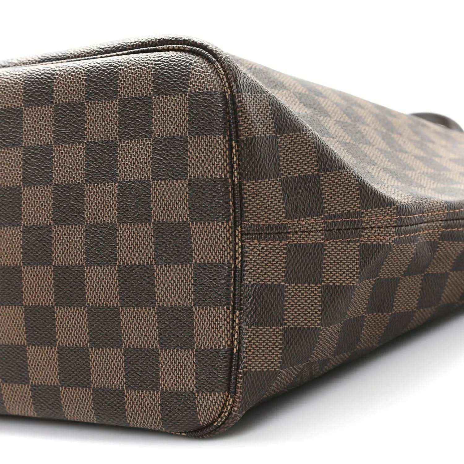 Louis Vuitton Damier Ebene tote bag with checkered canvas and leather trim, close-up