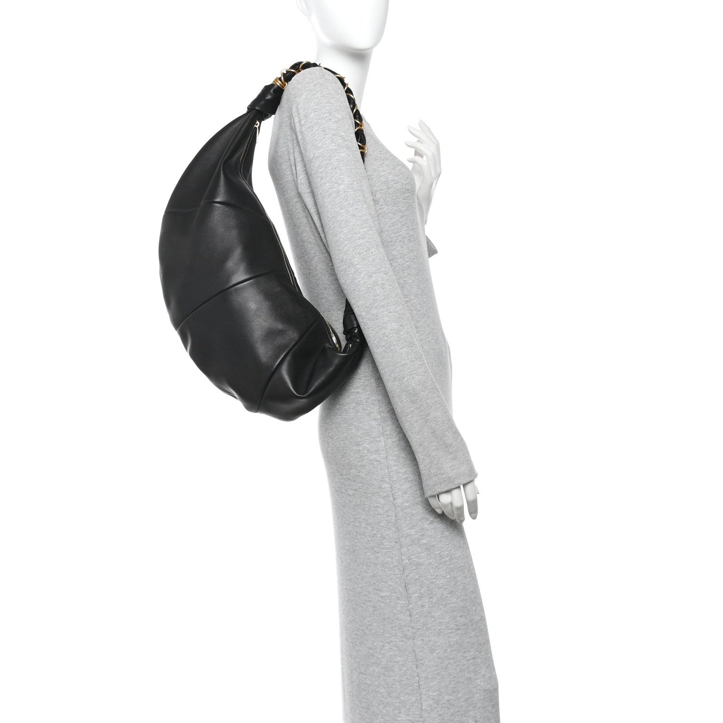 Black lambskin hobo bag with braided top handle and draped side profile