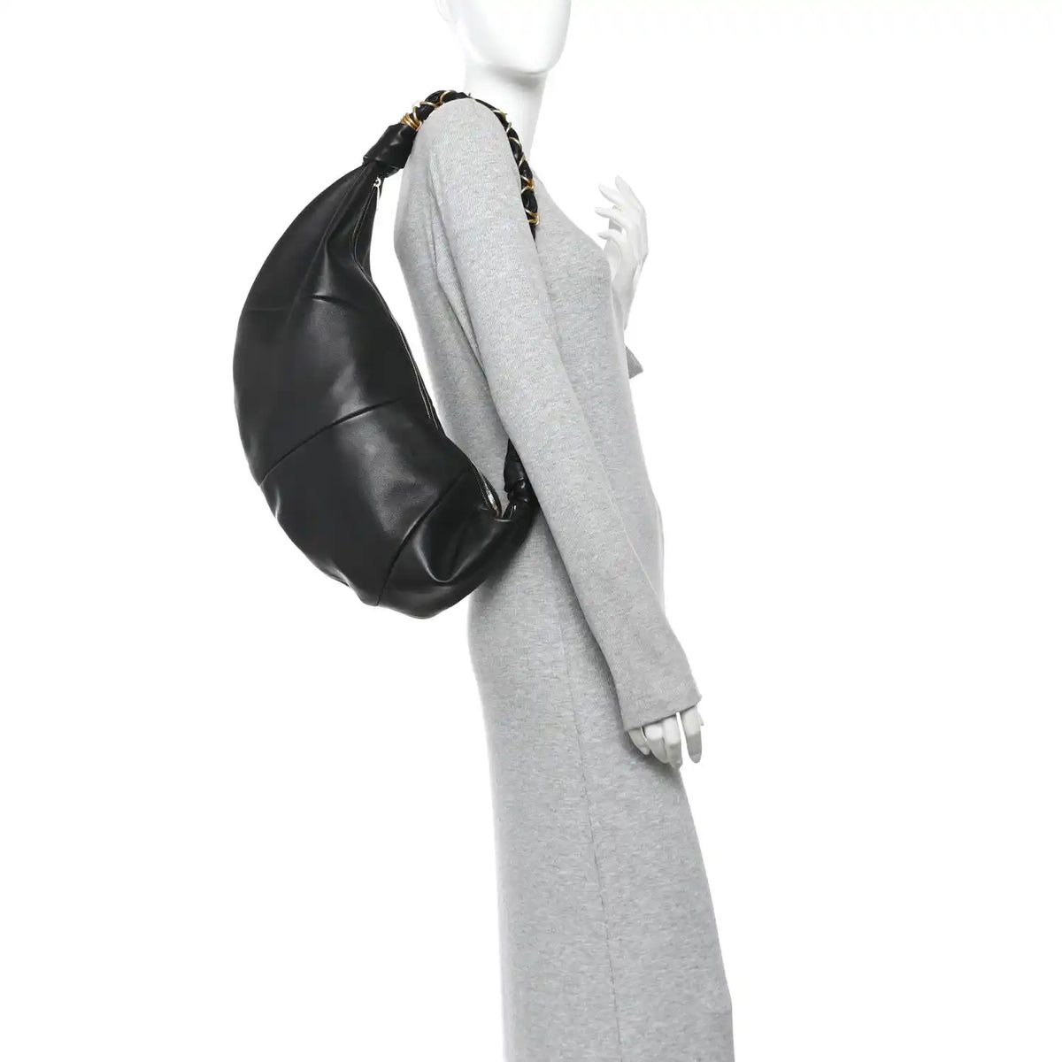 Black lambskin hobo bag with braided top handle and draped side profile