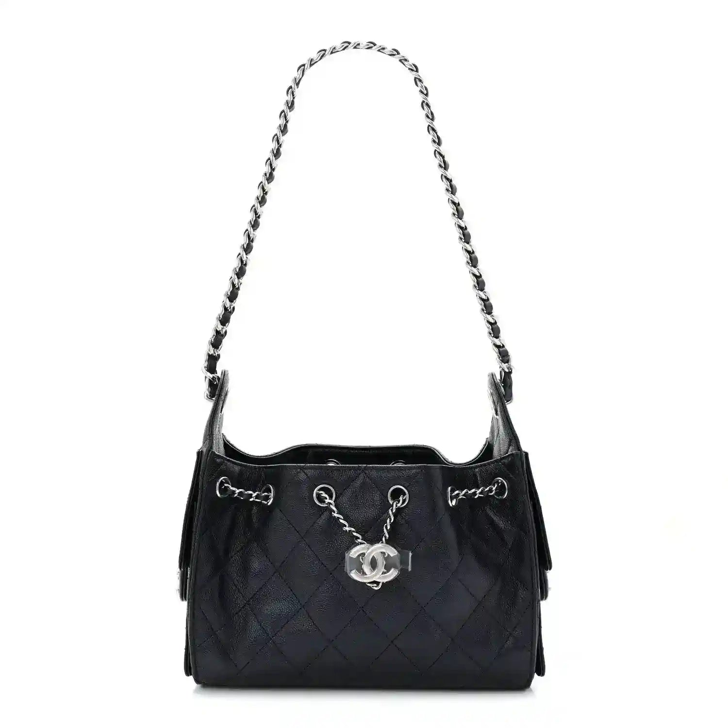 Quilted mini handbag with chain strap and silver-tone CC charm center front