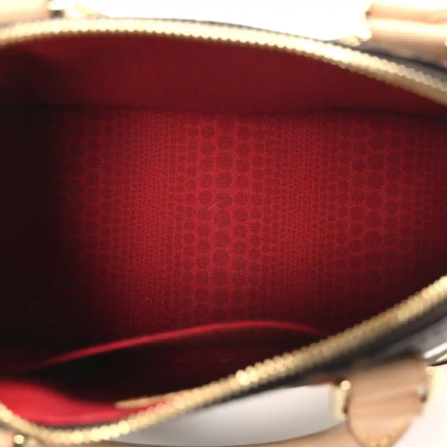 Small handbag interior with red fabric lining and visible zipper seam.