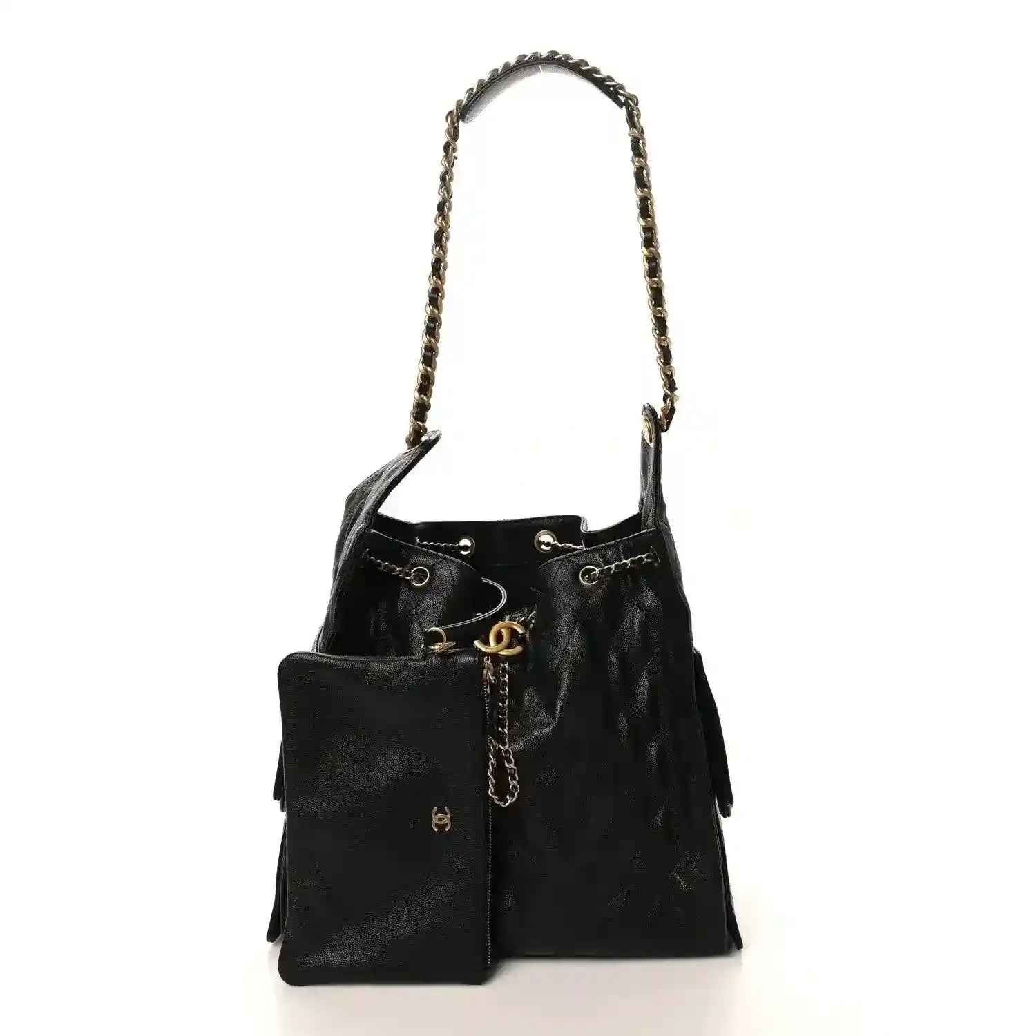 Black Chanel mini drawstring handbag with chain strap, fringe tassels, and gold CC logo