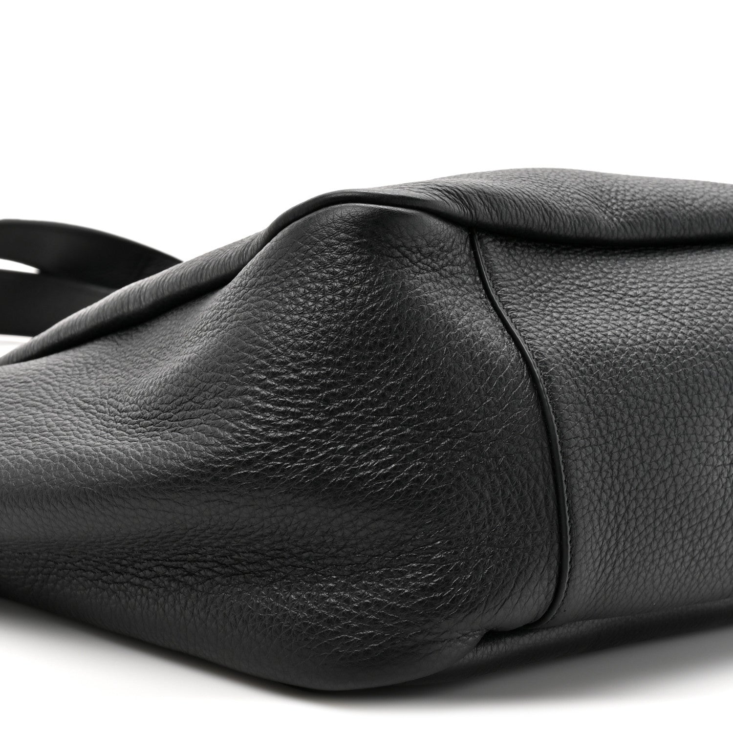 Black grained deerskin Bea tote close-up of textured leather and side panel seam