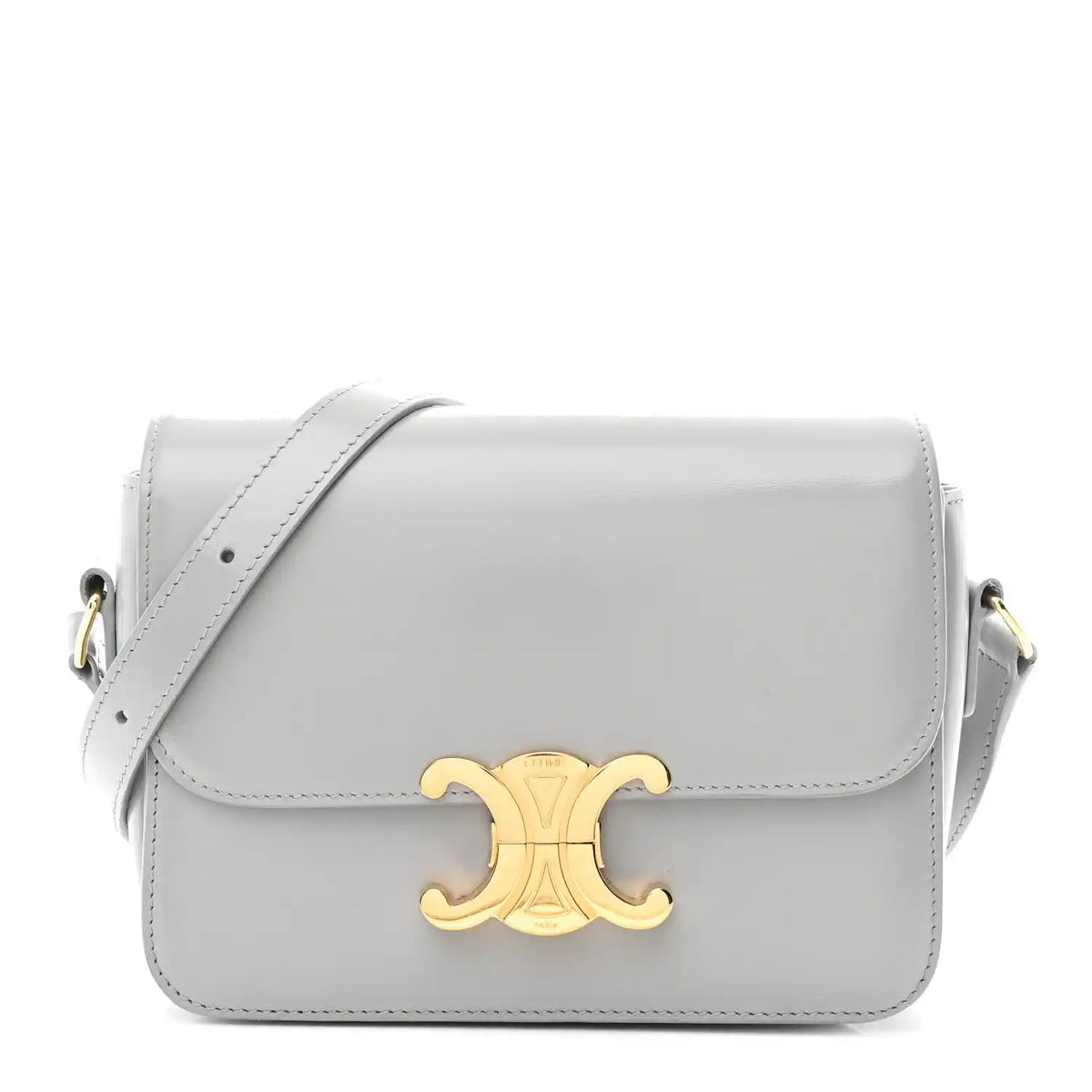 Shiny calfskin shoulder bag with flap and gold-tone front logo clasp