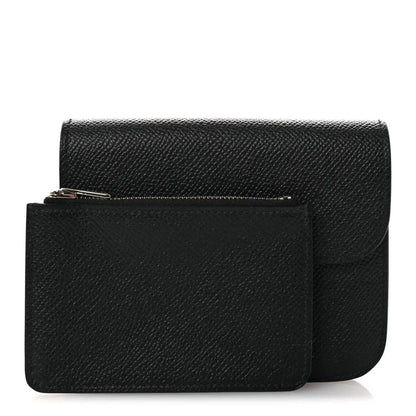 Black slim leather wallet with flap and front H clasp